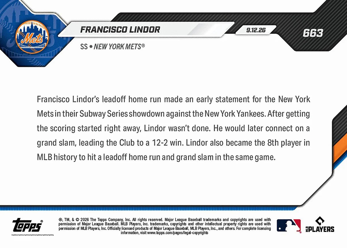 2026 | Topps | Now | MLB | #663 | Francisco Lindor | Base