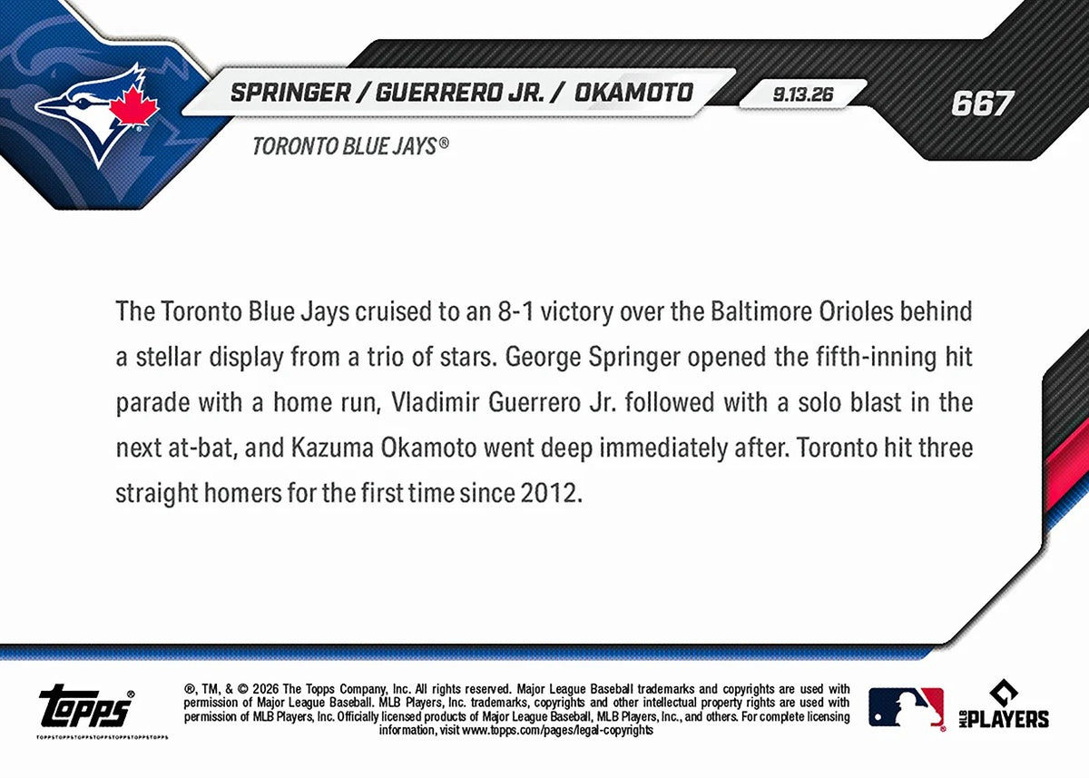 2026 | Topps | Now | MLB | #667 | George Springer / Vladimir Guerrero Jr. / Kazuma Okamoto | Base