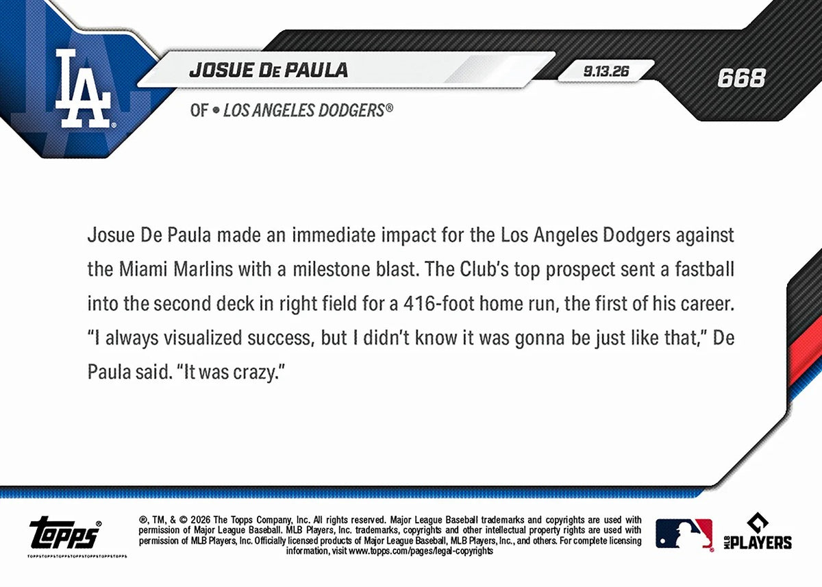 2026 | Topps | Now | MLB | #668 | Josue De Paula | Base