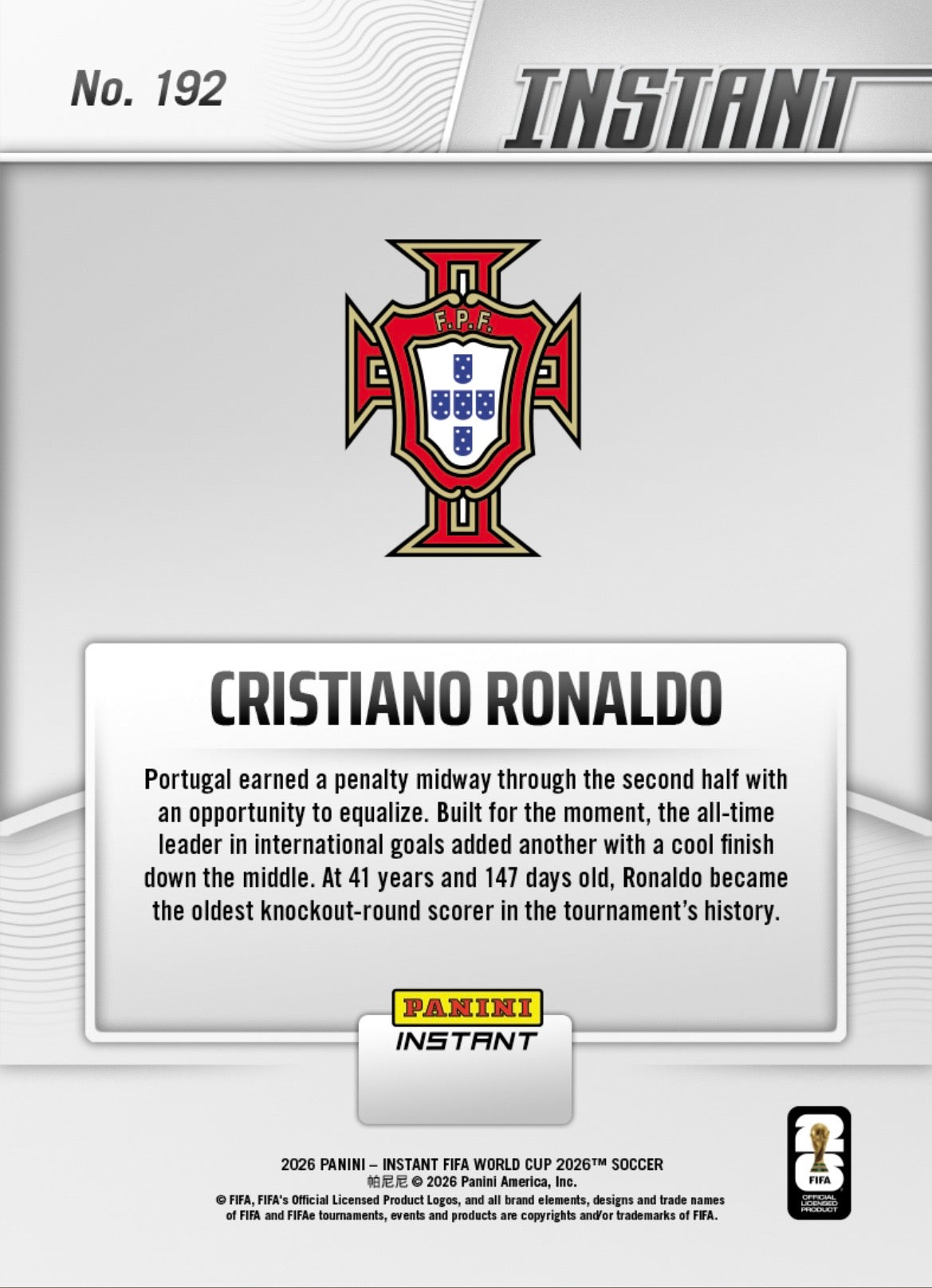 PIWC192 | Panini | FIFA World Cup | 2026 | PANINI INSTANT | Cristiano Ronaldo | Base | Exclusive USA | Limited Editions | PREORDEN | ENVÍO 40 días aproximadamente desde la fecha de compra.