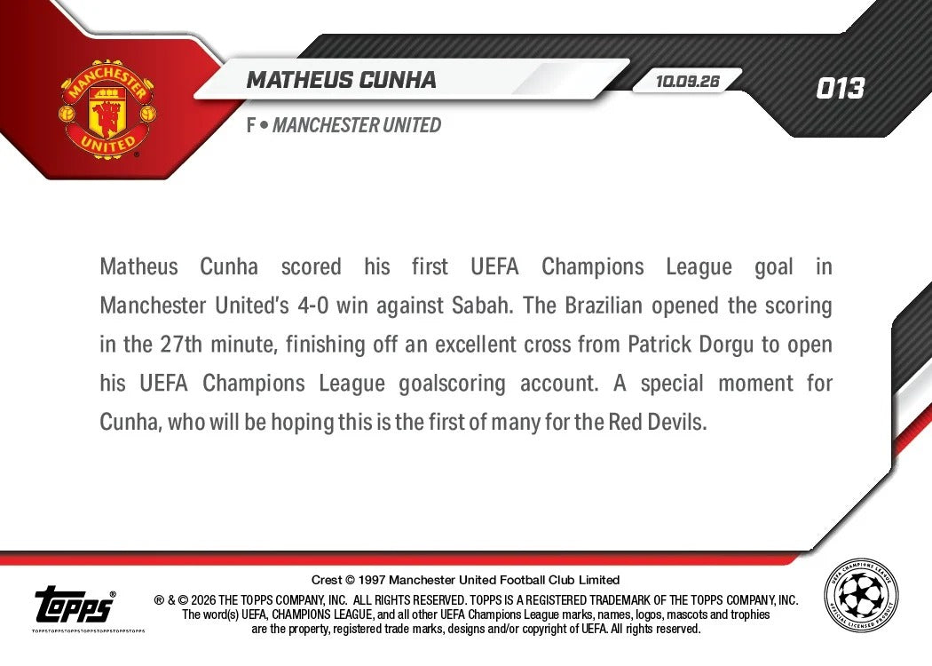 2026-27 | Topps | Now | Uefa Champions League | #013 | Matheus Cunha | Base