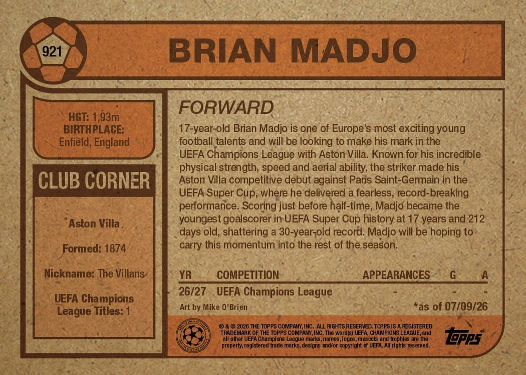 2026 | Topps | Living Set | UCC | #921 | Brian Madjo | Aston Villa | Base