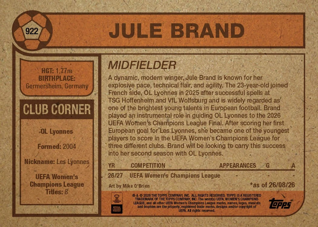2026 | Topps | Living Set | UCC | #922 | Jule Brand | OL Lyonnes | Base