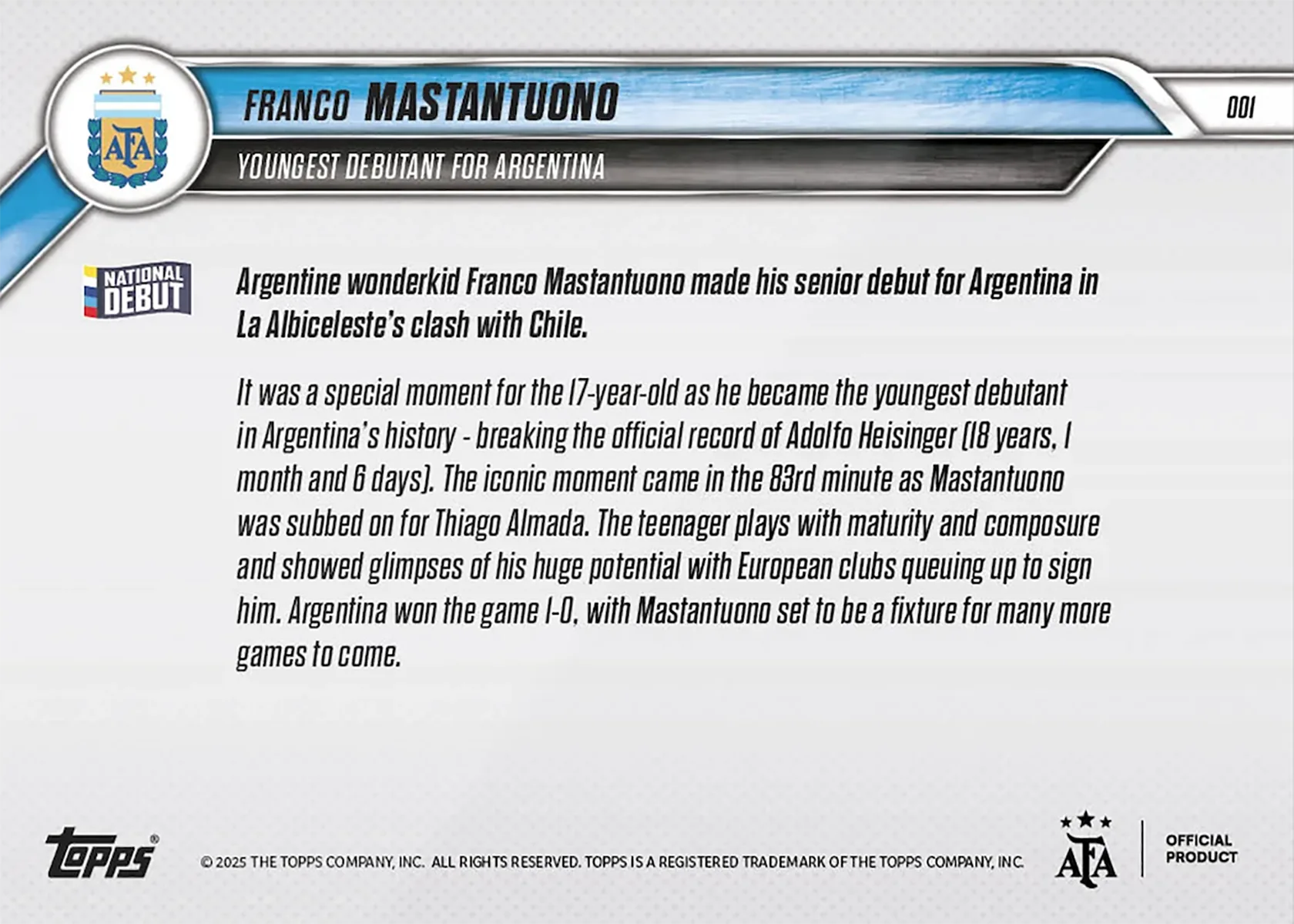 Franco Mastantuono - 2024-25 - Rookie - Argentina - Topps NOW - Card 1 - World Trading Cards - Single Card - Soccer Card -PREORDER