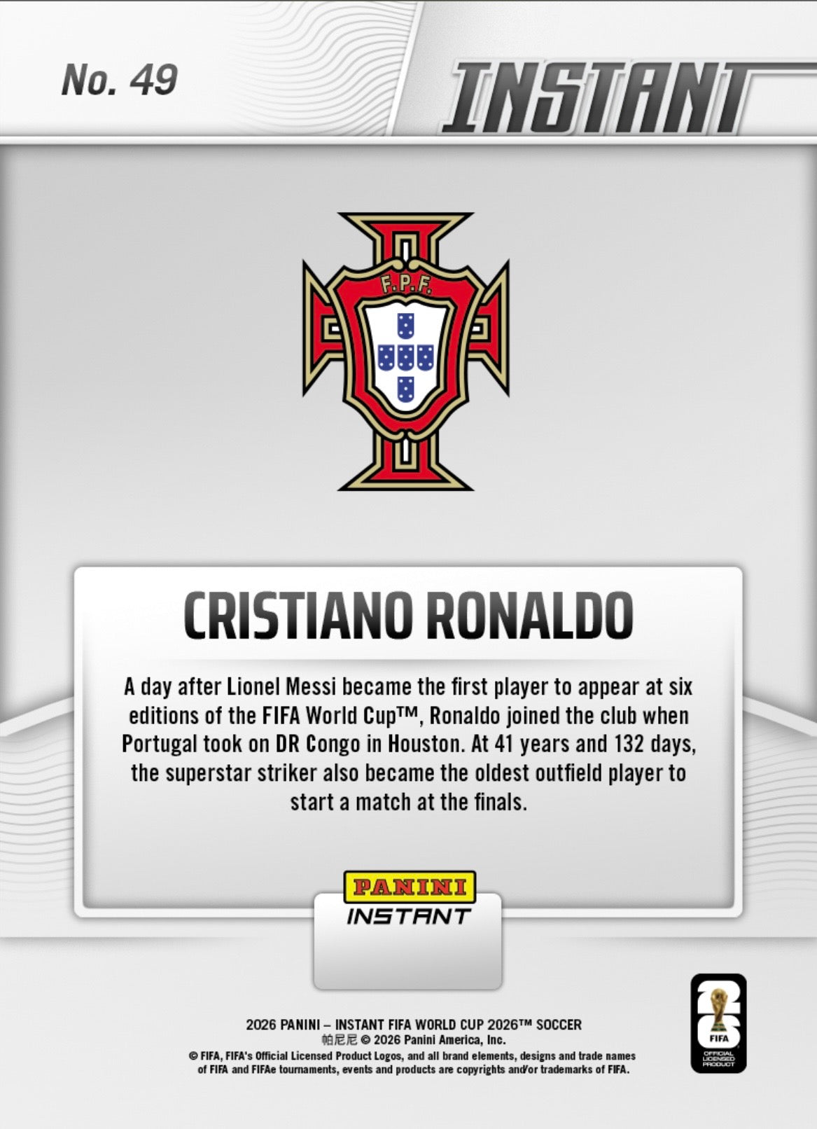 PIWC049 | Panini | FIFA World Cup | 2026 | PANINI INSTANT | Cristiano Ronaldo | Base | Exclusive USA | Limited Editions | PREORDEN | ENVÍO 40 días aproximadamente desde la fecha de compra.