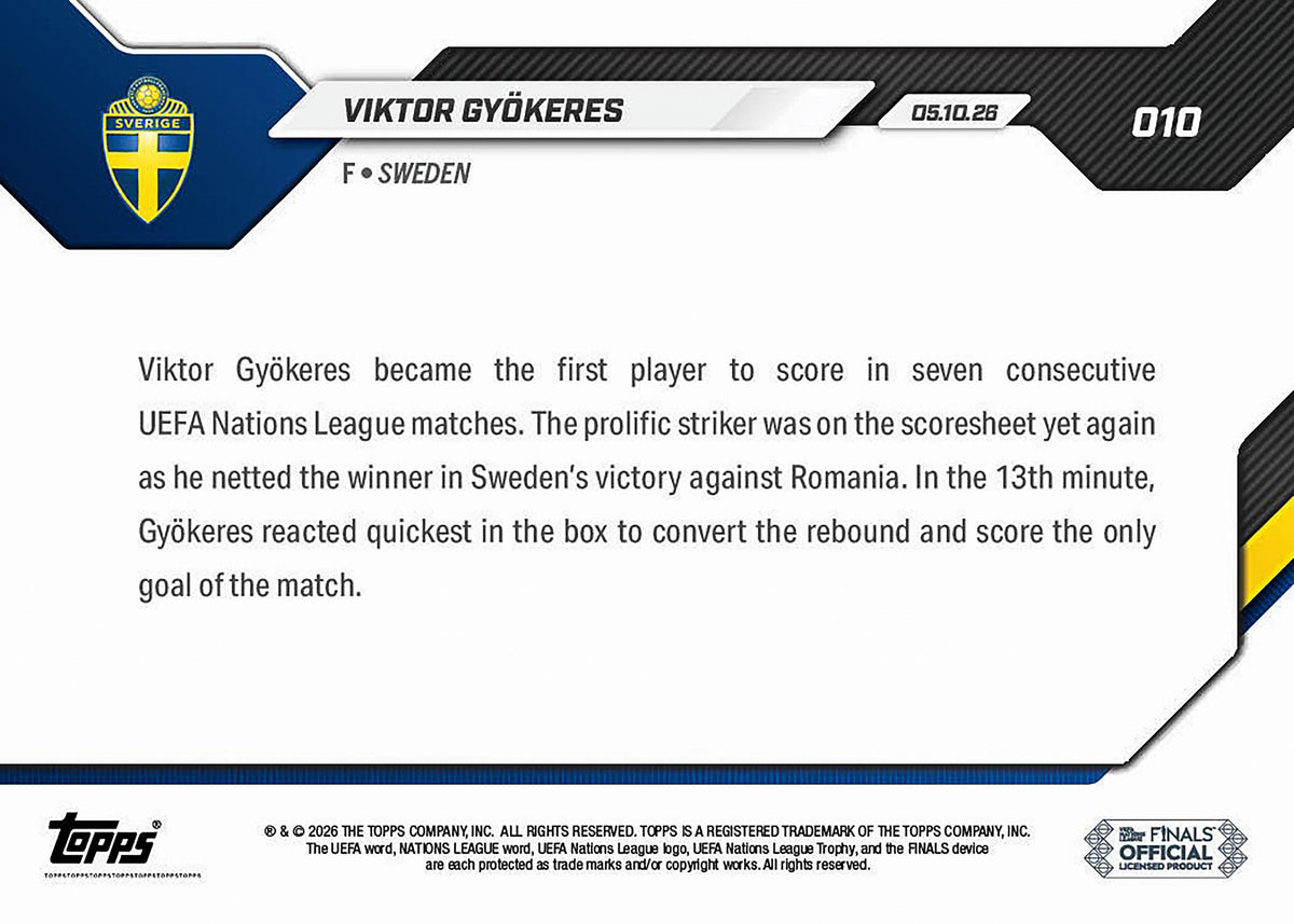 Topps | Now | UEFA Nations League | 2026-27 | #010 | Victor Gyökeres| Base