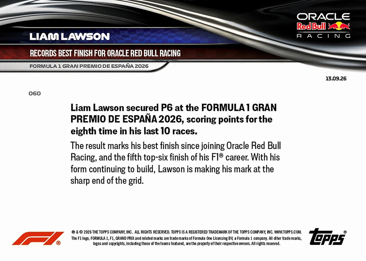 2026 | Topps | Now | Formula 1 | #060 | Liam Lawson | Base