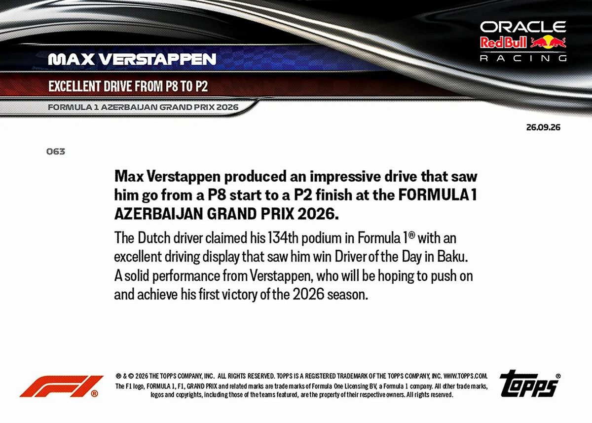 2026 | Topps | Now | Formula 1 | #063 | Max Verstappen | Base