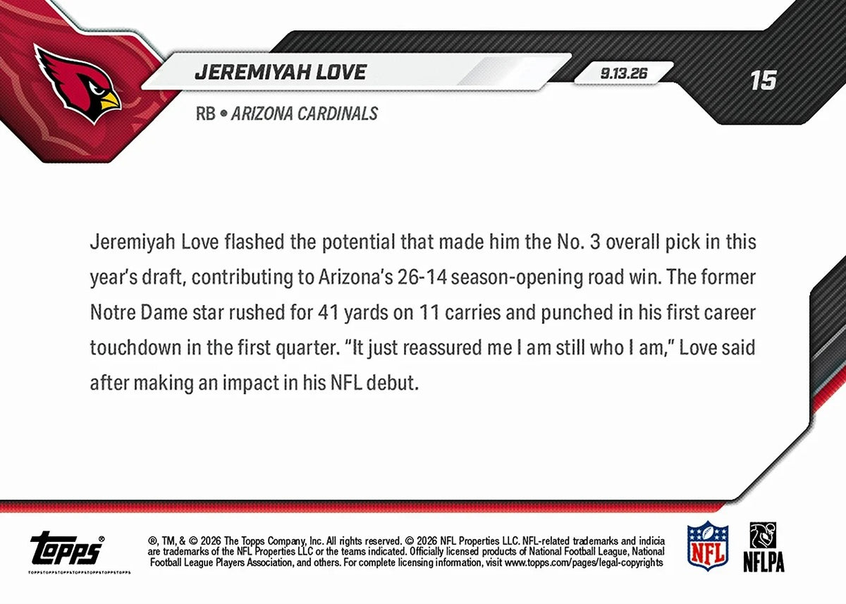 2026 | Topps | Now | NFL | #015 | Jeremiyah Love | Base
