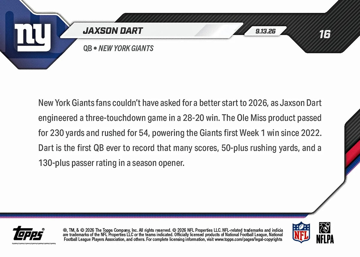 2026 | Topps | Now | NFL | #016 | Jaxson Dart | Base