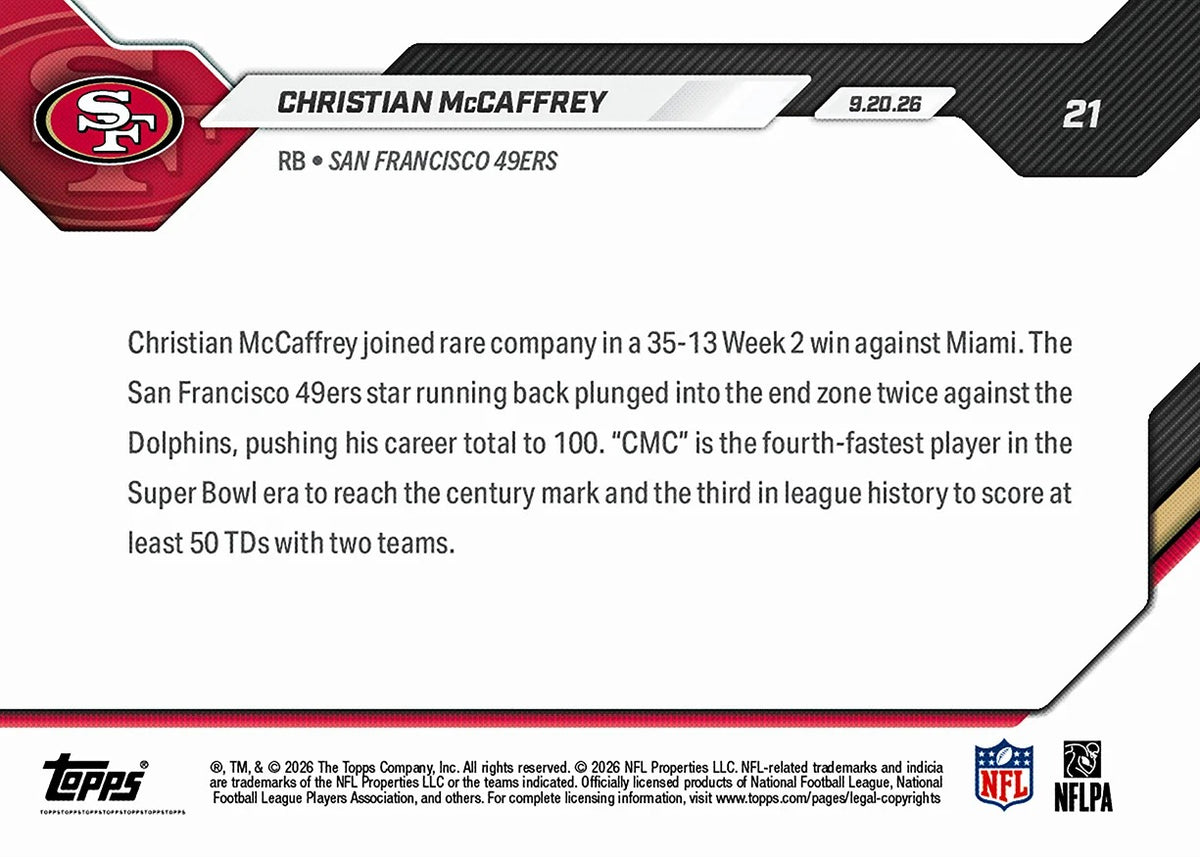 2026 | Topps | Now | NFL | #021 | Christian McCaffrey | Base