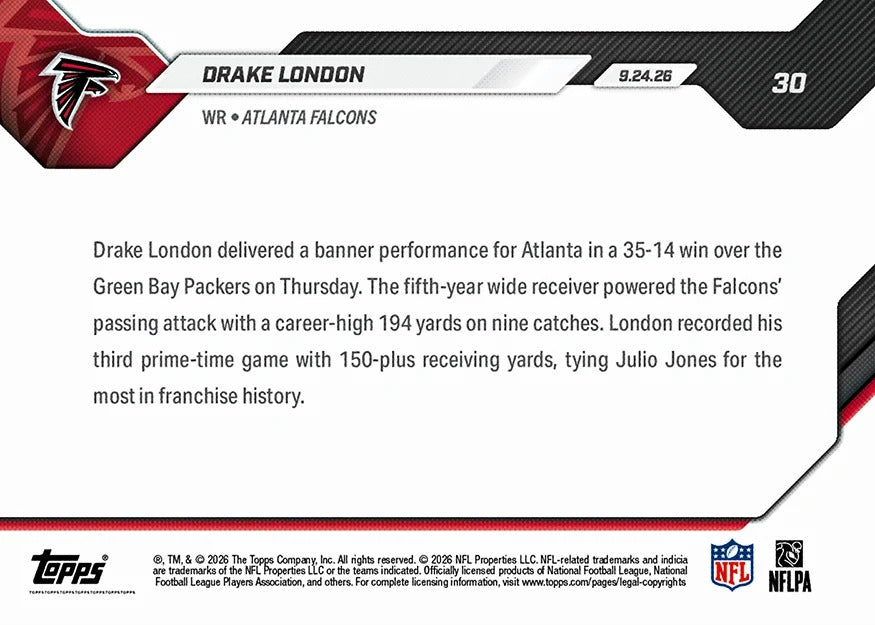 2026 | Topps | Now | NFL | #030 | Drake London | Base