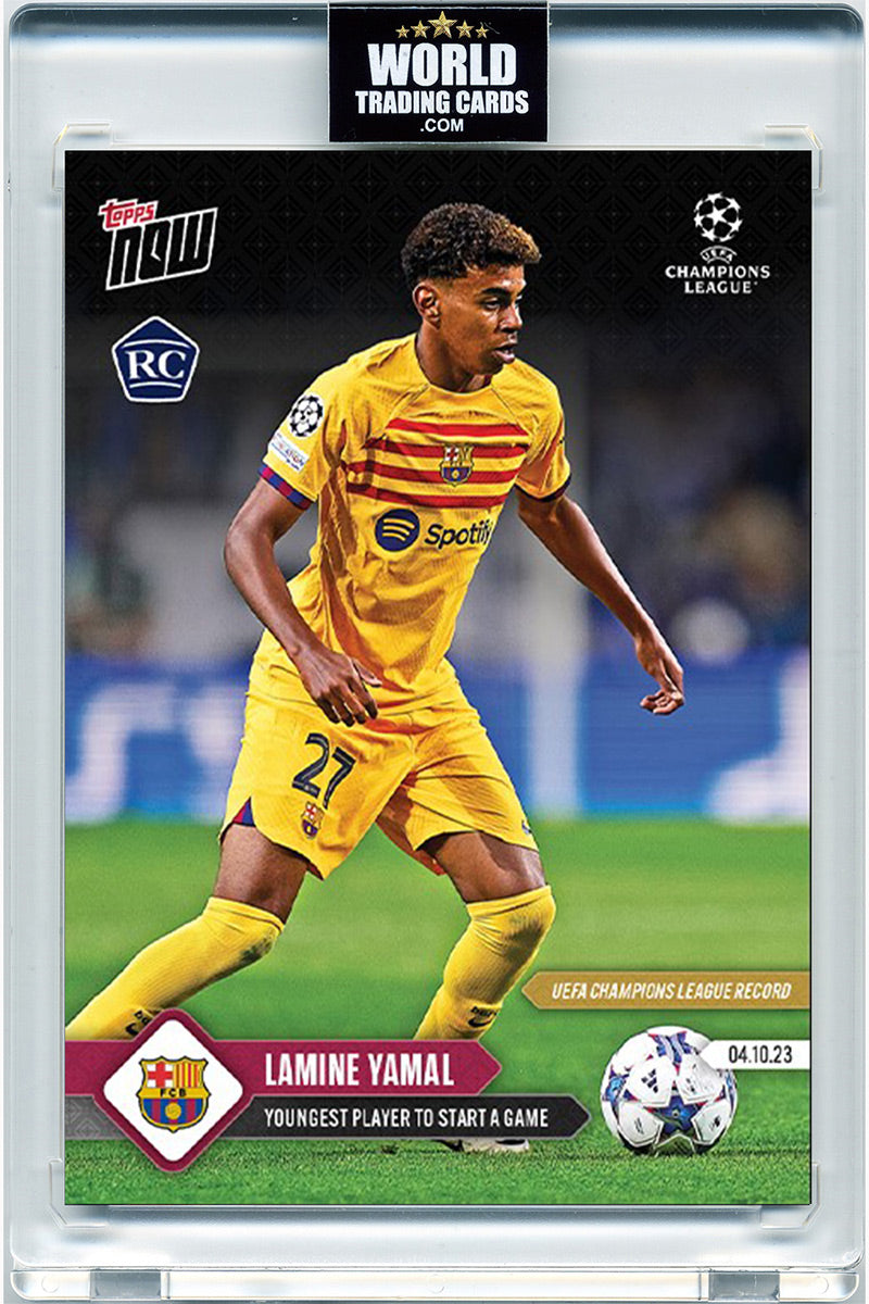 Lamine Yamal - 2023 - Topps Now UCL - Barcelona - Titular mas Joven en UCL - #040 - World Trading Cards - Tarjeta Fútbol - Cromos Pristine 10
