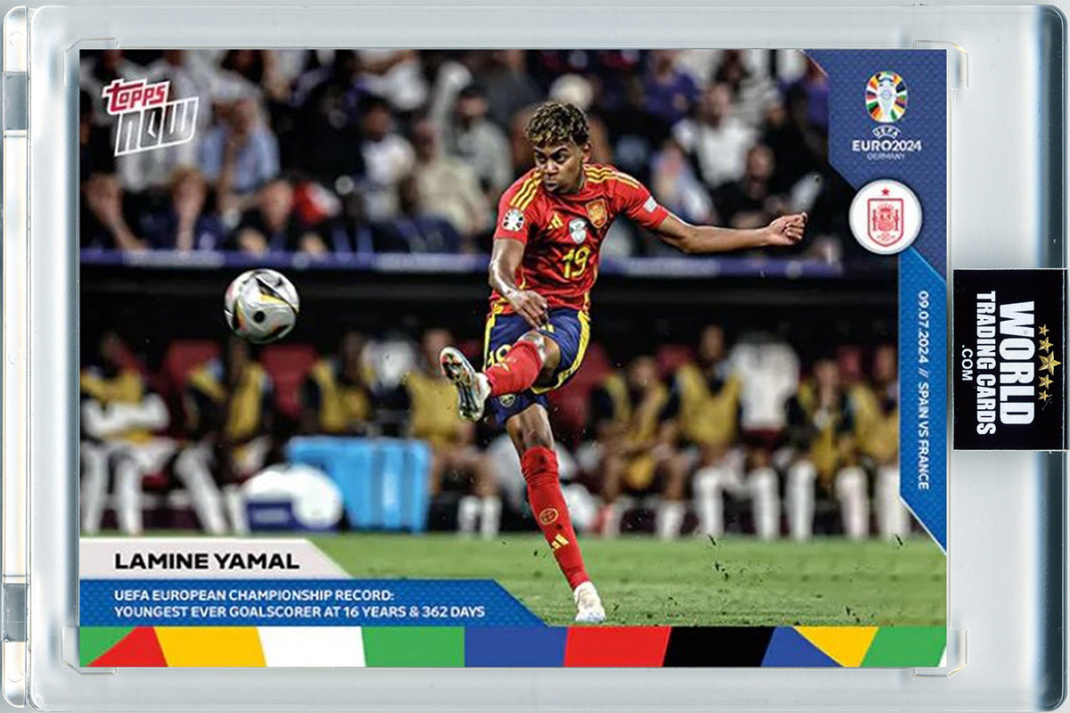 Lamine Yamal - 2024 - Topps Now Euro - España - Rookie - Récord, Jugador mas Joven en marcar gol en la Euro - #054 - World Trading Cards - Tarjeta Fútbol - Cromos Pristine 10