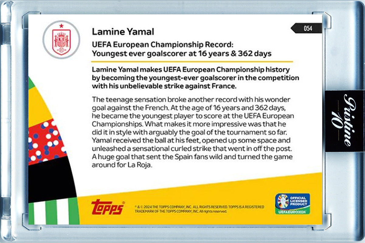Lamine Yamal - 2024 - Topps Now Euro - España - Rookie - Récord, Jugador mas Joven en marcar gol en la Euro - #054 - World Trading Cards - Tarjeta Fútbol - Cromos Pristine 10