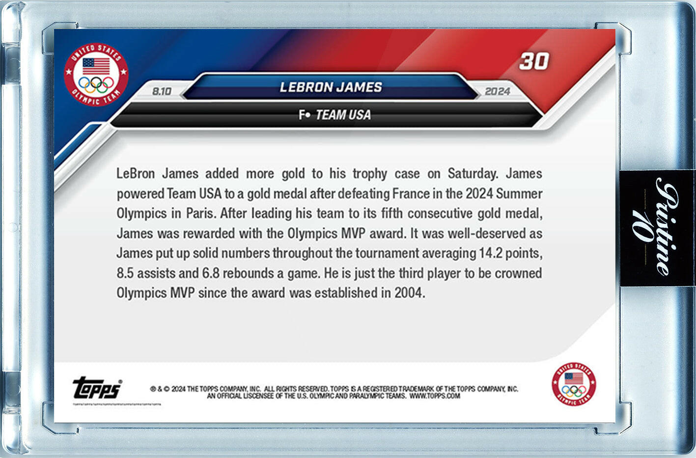 Lebron James - 2024 - Topps Now Olympic Game Paris - MVP - #30 - World Trading Cards - Tarjeta Basketball - Cromos Pristine 10