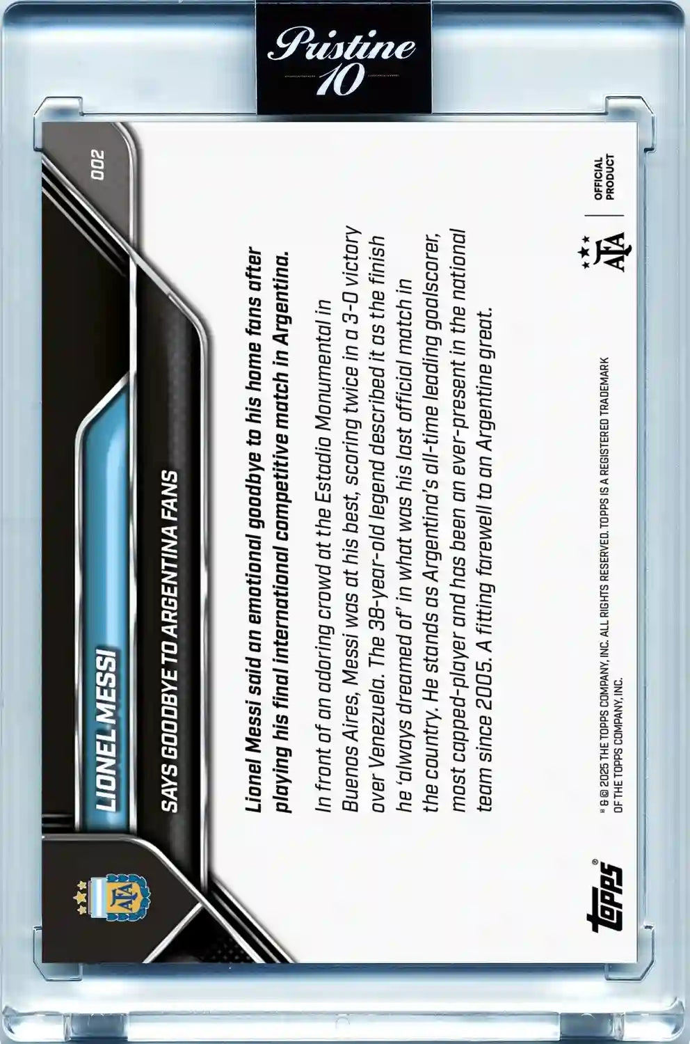 Lionel Messi - 2025 - Topps Now - Argentina - Card #002 - Pristine 10 - Protección Card Case Magnetic