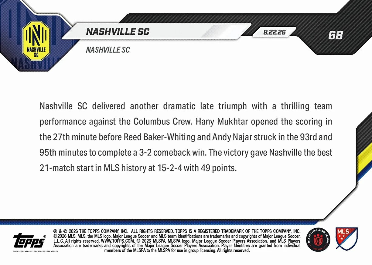 2026 | Topps | Now | MLS | #068 | Nashville SC | Base | Print Run 289