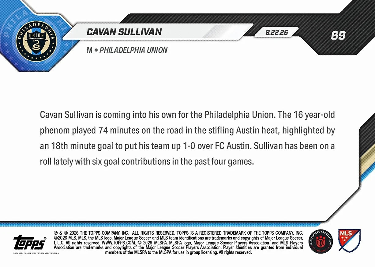 2026 | Topps | Now | MLS | #069 | Cavan Sullivan | Base | Print Run 1299