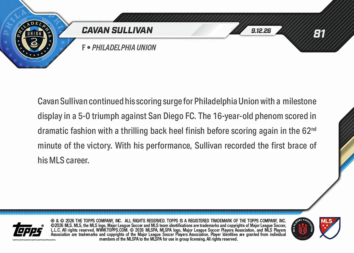 2026 | Topps | Now | MLS | #081 | Cavan Sullivan | Base