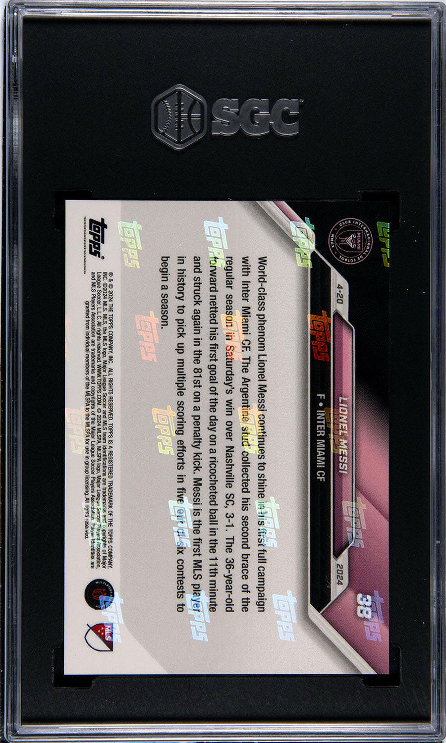 Lionel Messi - 2024 - Topps Now MLS - #38 - Inter Miami - SGC 10 - Black - Numerada 45/99 - World Trading Cards - Tarjeta Fútbol - Cromo Graded