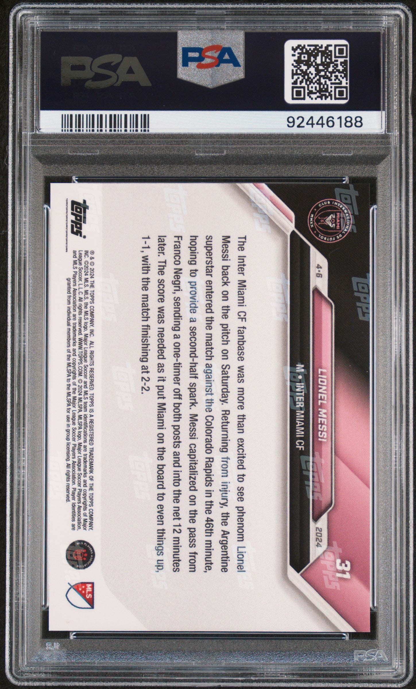 Lionel Messi - 2024 - Topps Now MLS - #31 - Inter Miami - PSA 10 - Black - Numbered 21/99 - World Trading Cards - Soccer Card - Chrome Graded