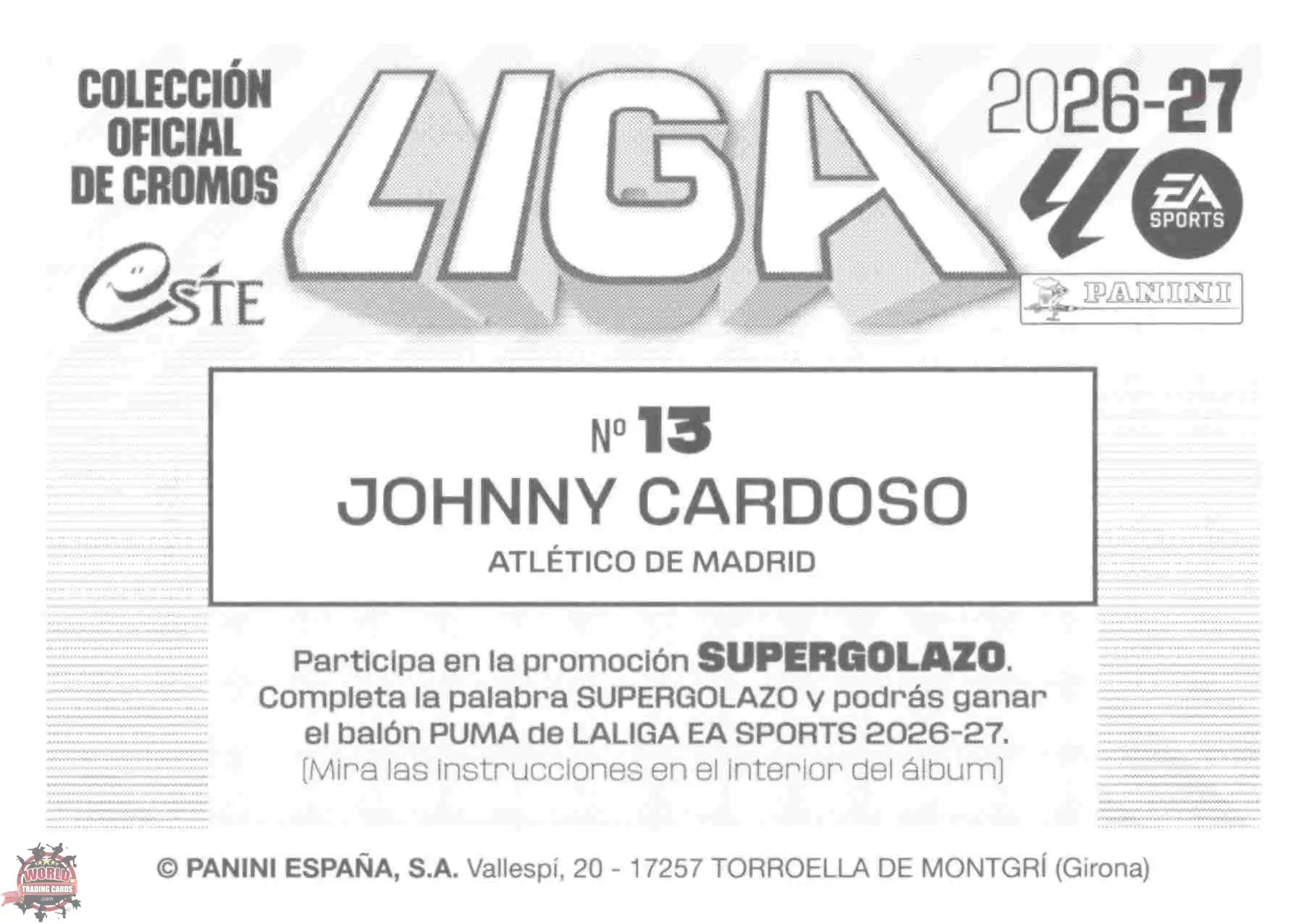 Panini | Liga Este | 2026-2027 | Atlético de Madrid | Basico | #13 | Johnny Cardoso