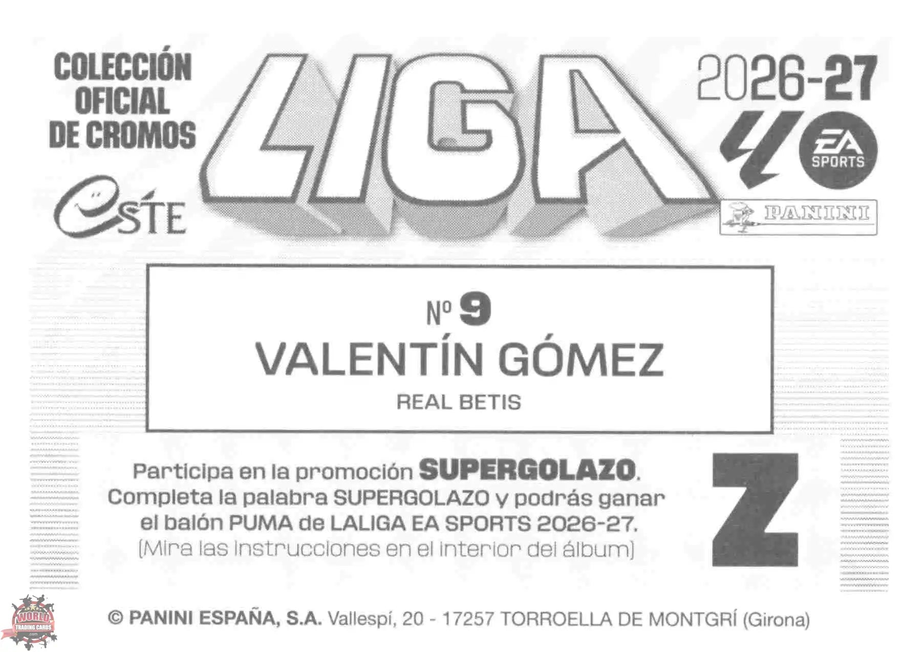 Panini | Liga Este | 2026-2027 | Real Betis | Basico | #09 | Valentín Gómez