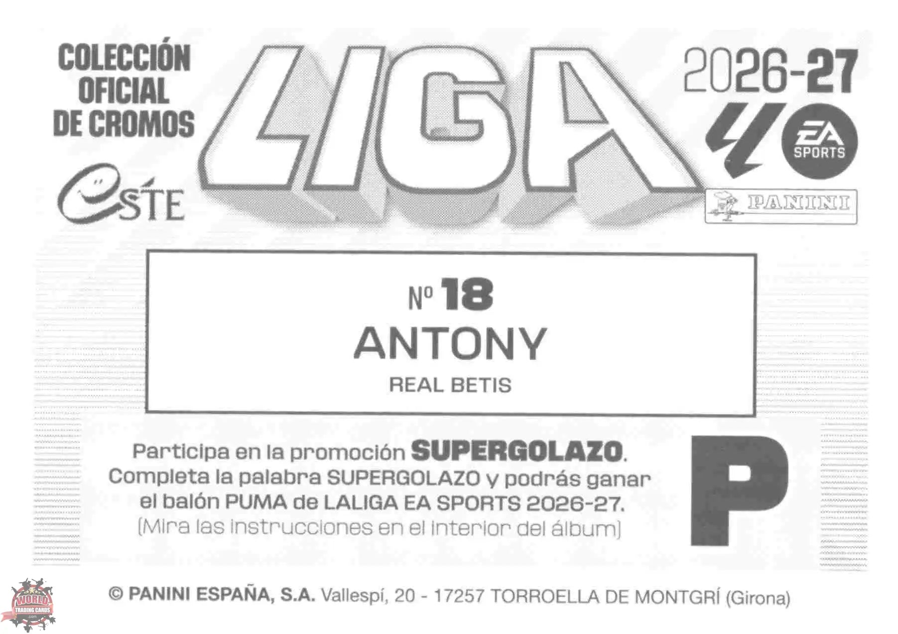 Panini | Liga Este | 2026-2027 | Real Betis | Basico | #18 | Antony