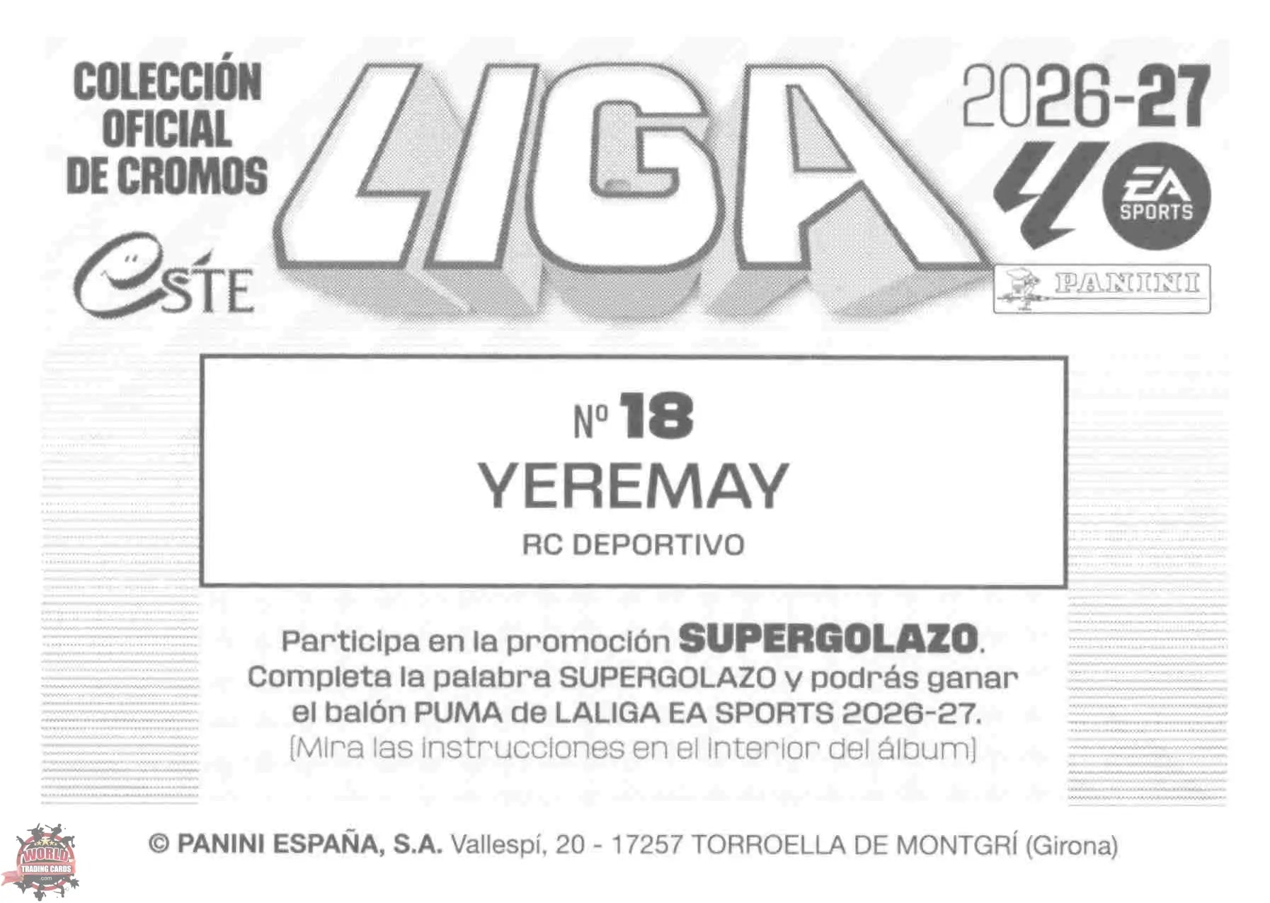 Panini | Liga Este | 2026-2027 | Deportivo La Coruña | Basico | #18 | Yeremay