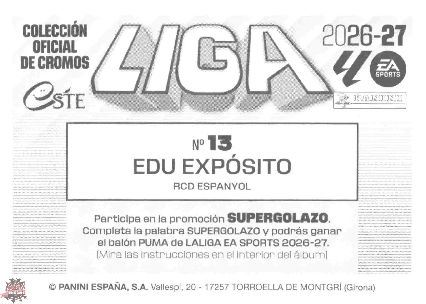 Panini | Liga Este | 2026-2027 | RCD Espanyol | Basico | #13 | Edu Expósito