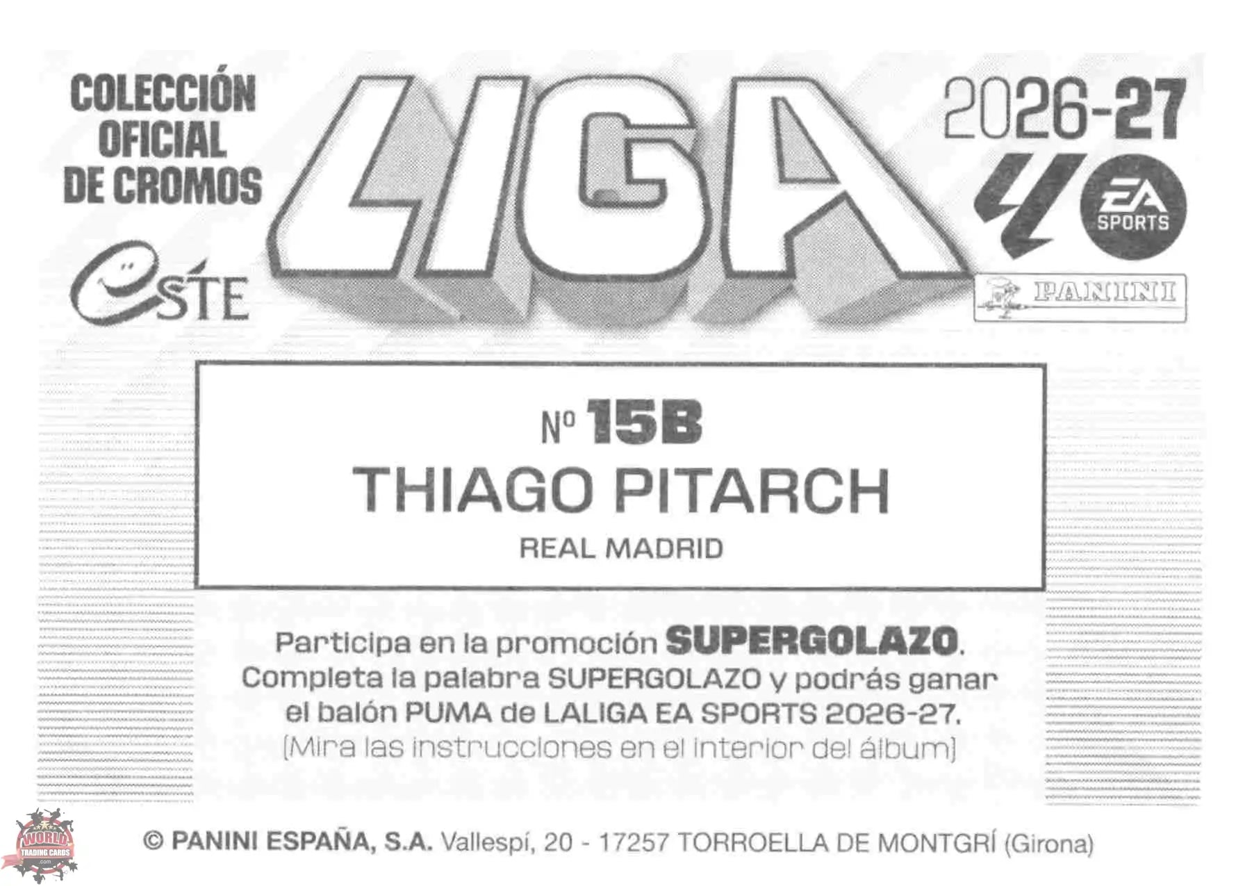Panini | Liga Este | 2026-2027 | Real Madrid CF | Basico | #15B | Thiago Pitarch - Rookie