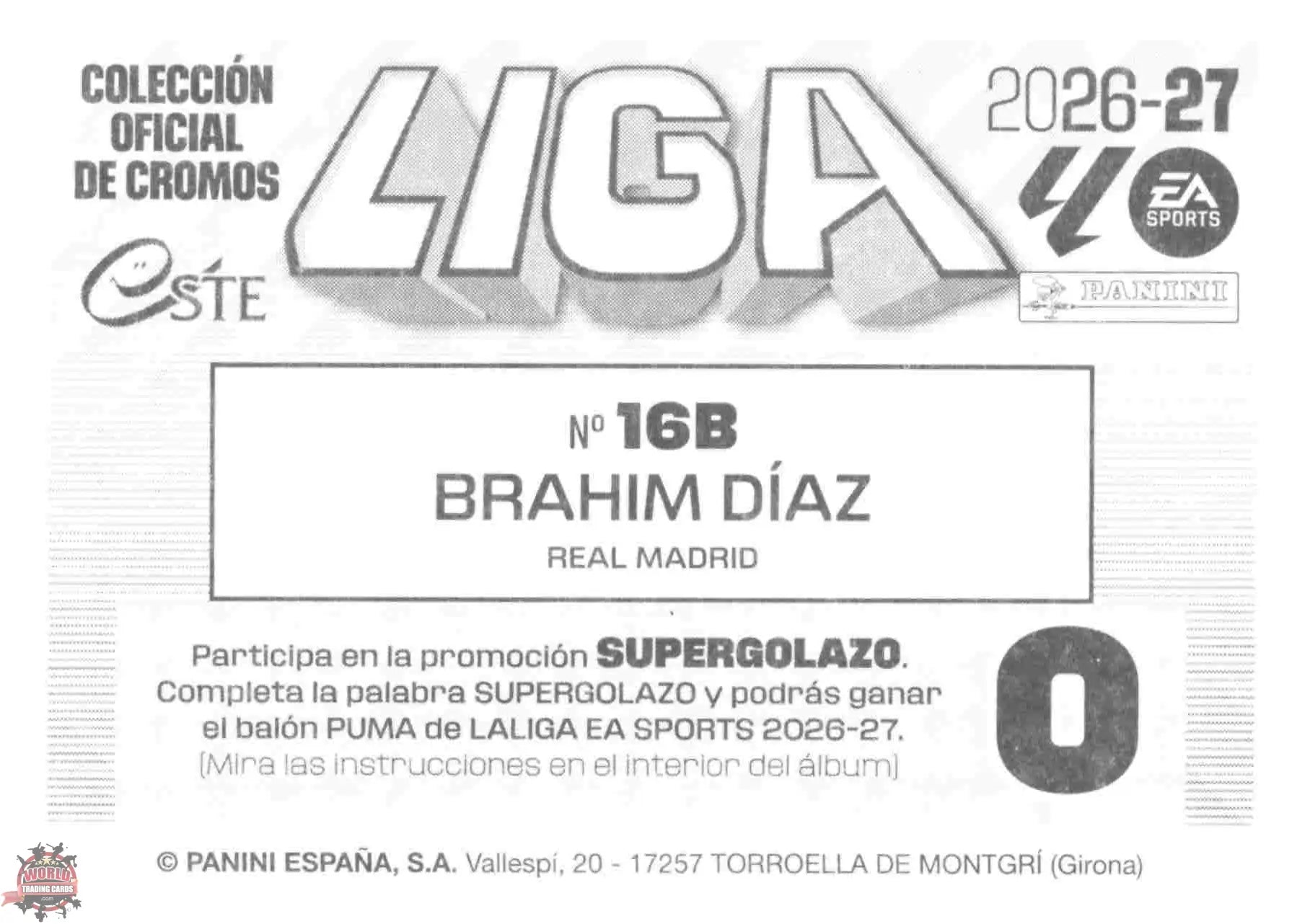 Panini | Liga Este | 2026-2027 | Real Madrid CF | Basico | #16B | Brahim Díaz
