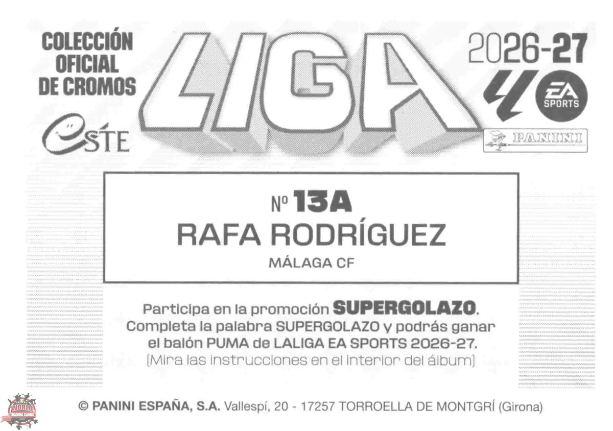 Panini | Liga Este | 2026-2027 | Malaga CF | Basico | #13A | Rafa Rodríguez