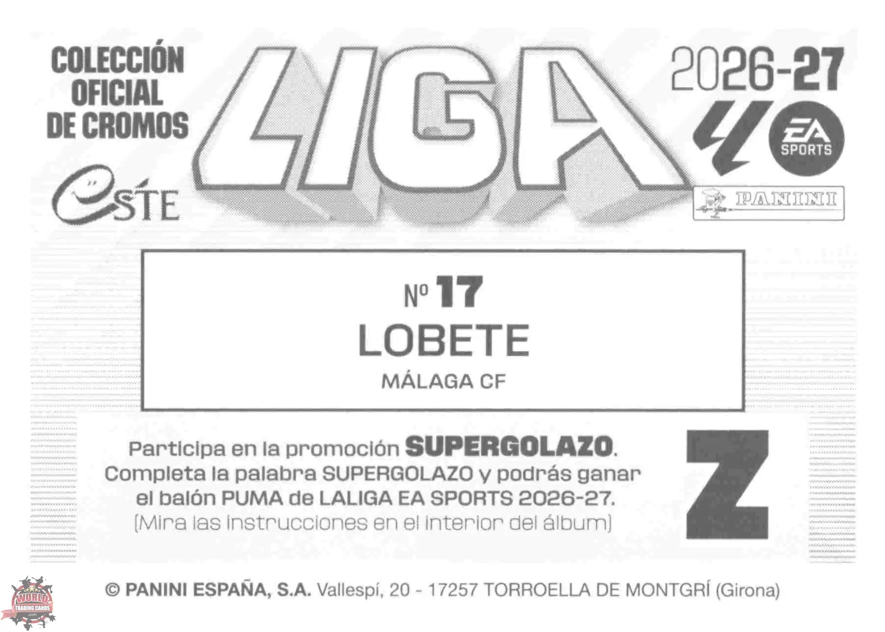 Panini | Liga Este | 2026-2027 | Malaga CF | Basico | #17 | Lobete