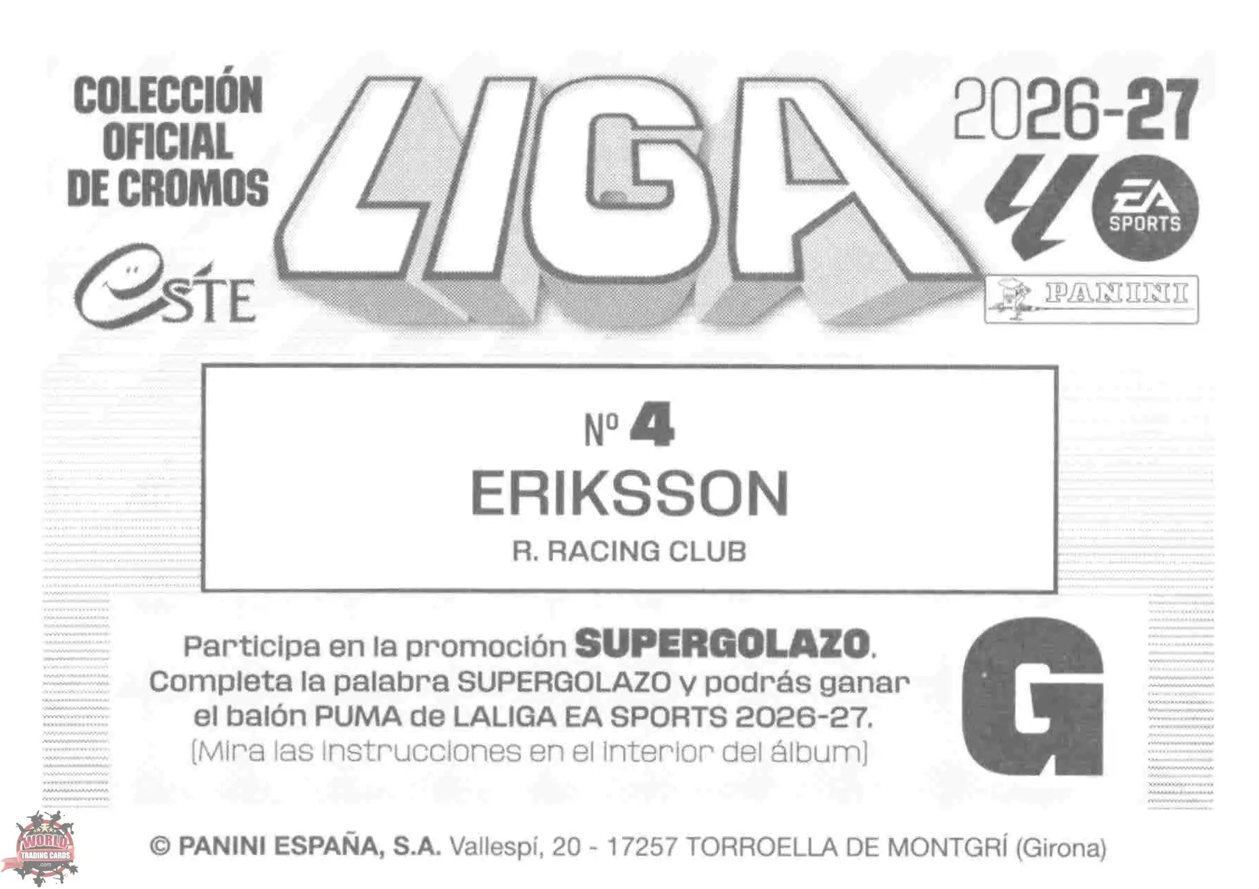 Panini | Liga Este | 2026-2027 | Racing de Santander | Basico | #04 | Eriksson