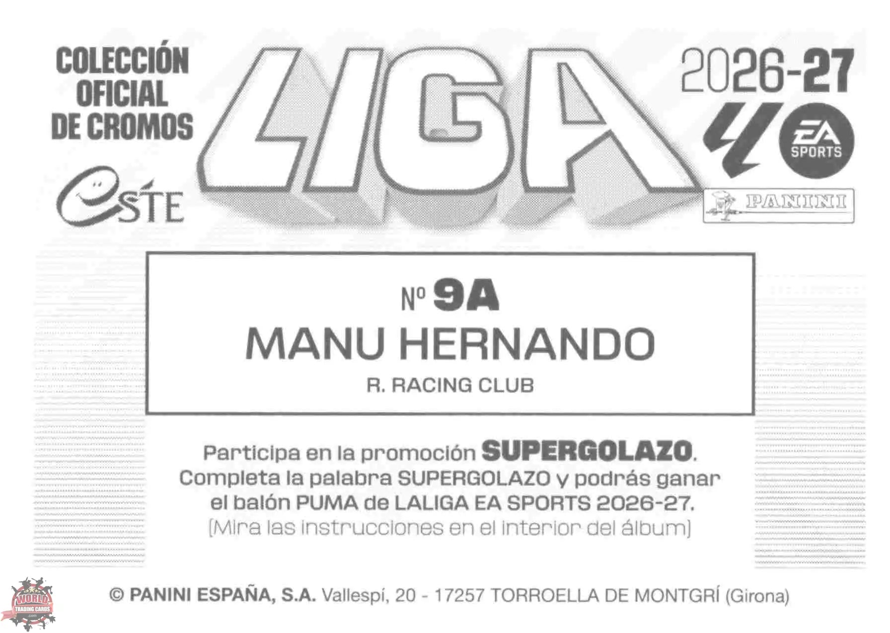 Panini | Liga Este | 2026-2027 | Racing de Santander | Basico | #09A | Manu Hernando