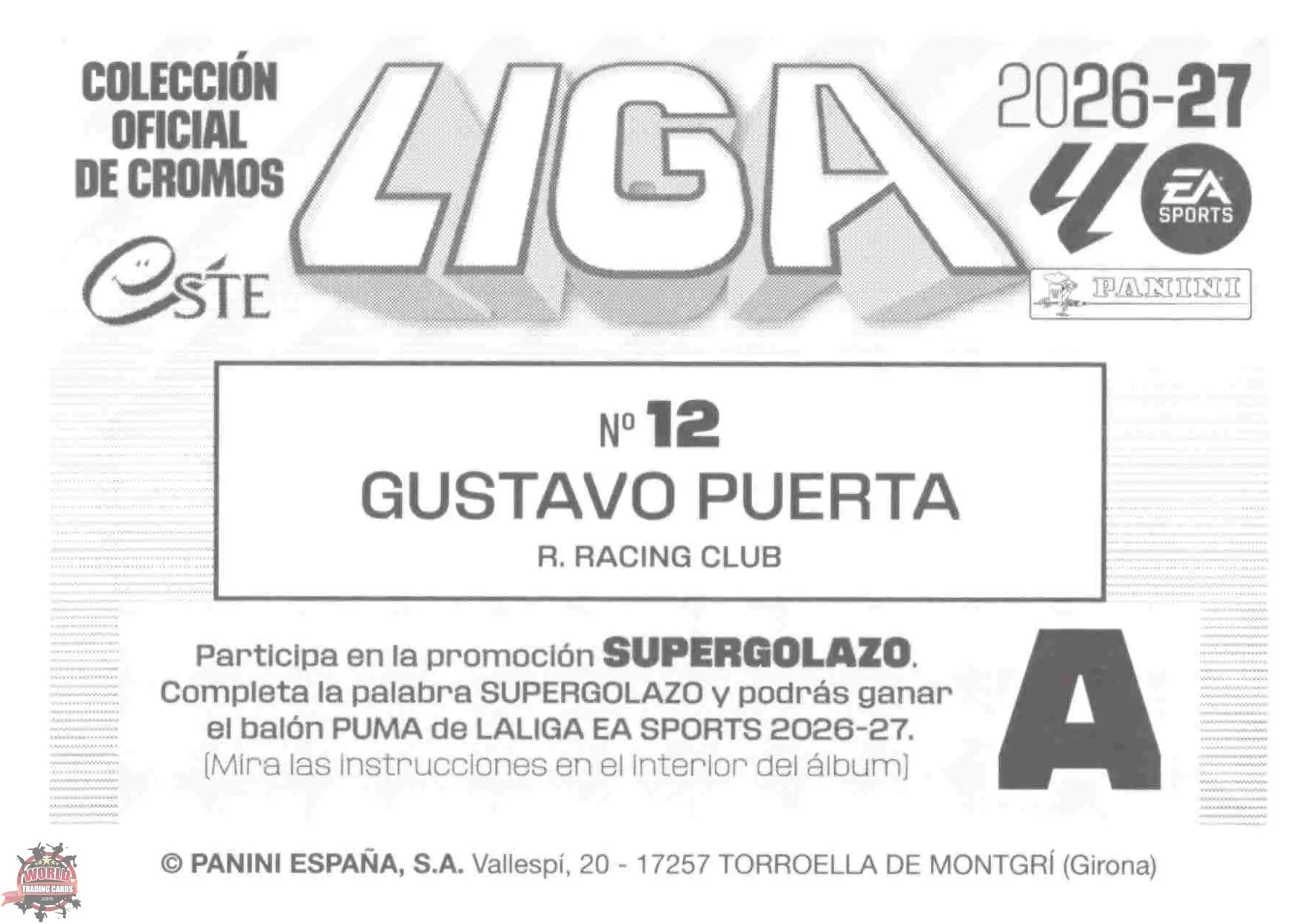 Panini | Liga Este | 2026-2027 | Racing de Santander | Basico | #12 | Gustavo Puerta