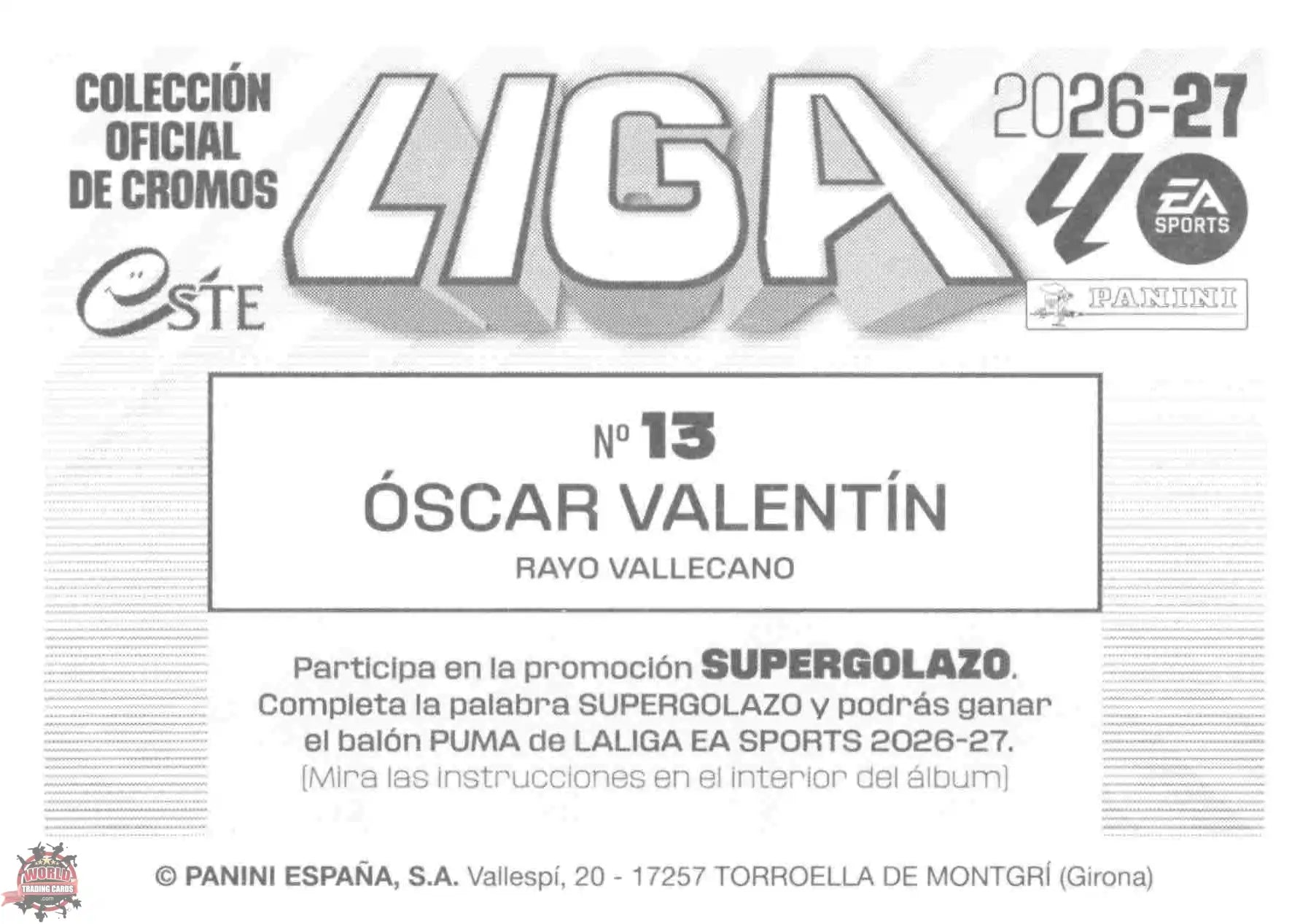 Panini | Liga Este | 2026-2027 | Rayo Vallecano | Basico | #13 | Óscar Valentín