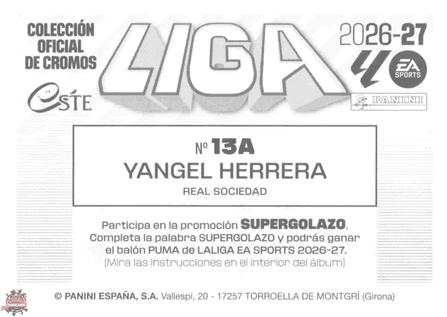 Panini | Liga Este | 2026-2027 | Real Sociedad | Basico | #13A | Yangel Herrera