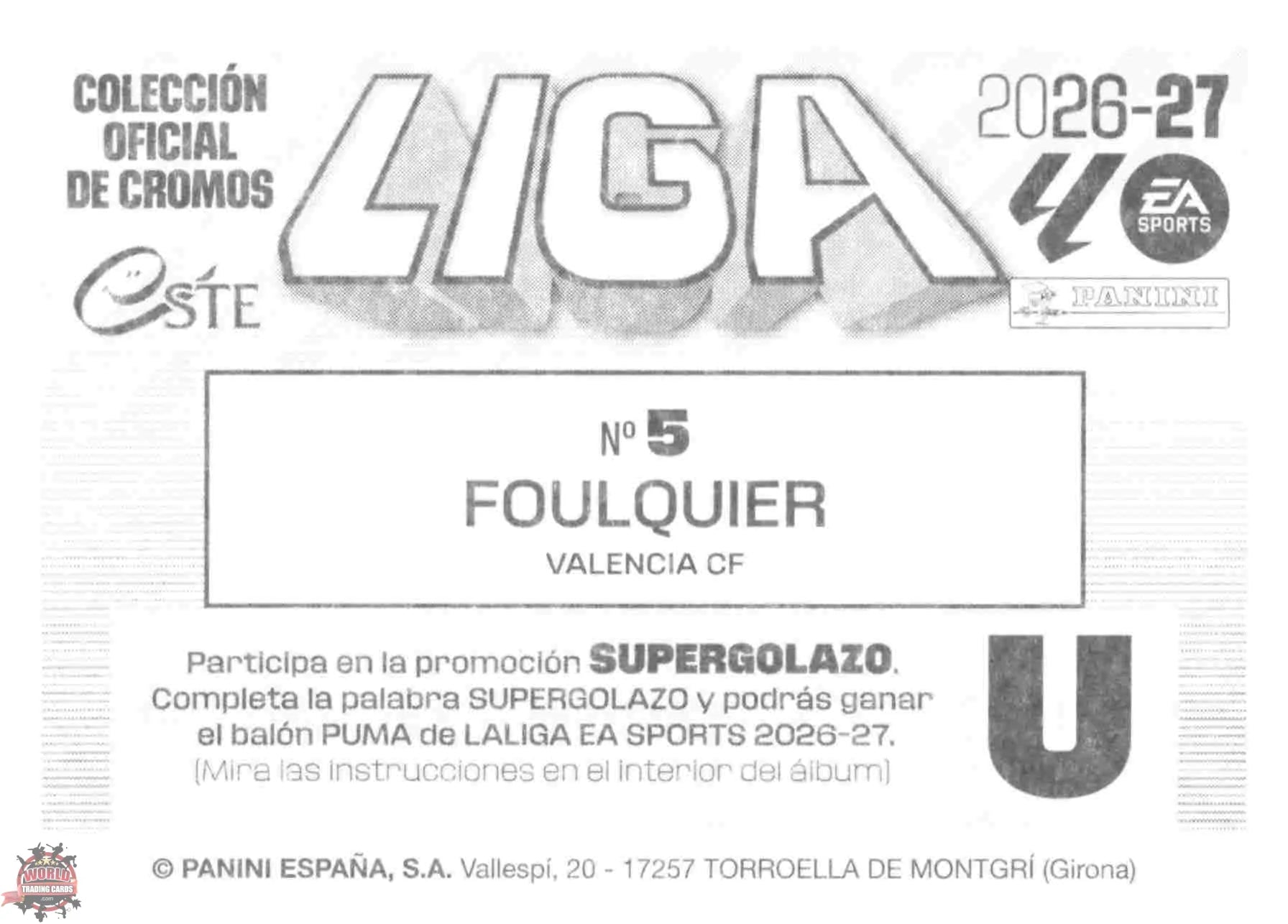 Panini | Liga Este | 2026-2027 | Valencia CF | Basico | #05 | Foulquier