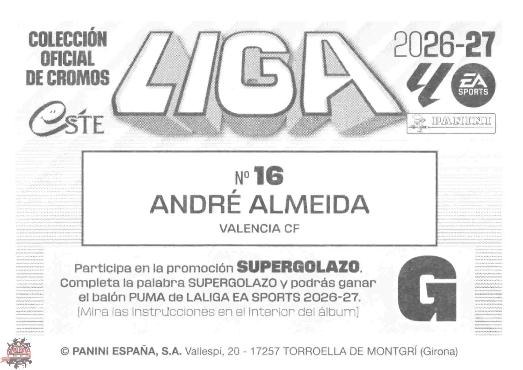 Panini | Liga Este | 2026-2027 | Valencia CF | Basico | #16 | André Almeida