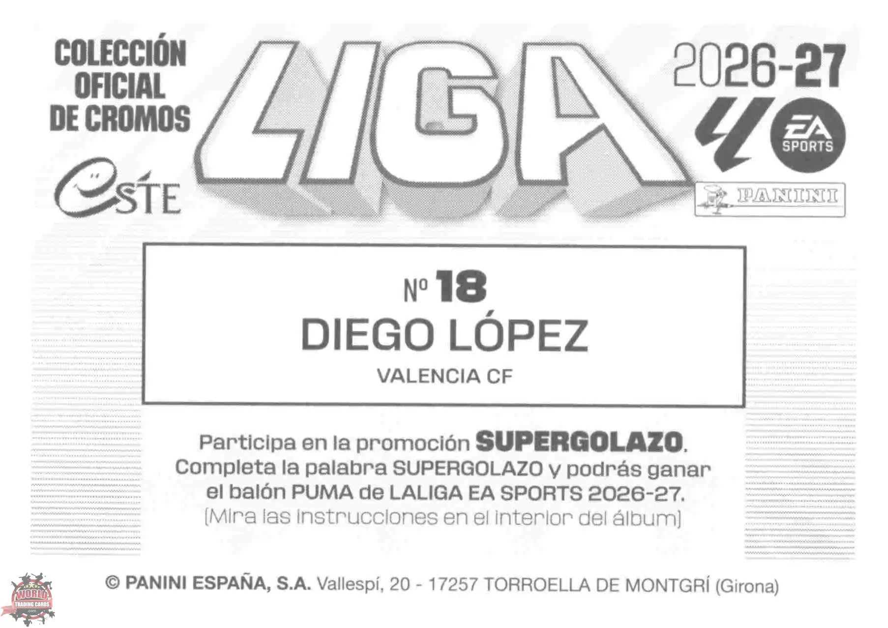 Panini | Liga Este | 2026-2027 | Valencia CF | Basico | #18 | Diego López