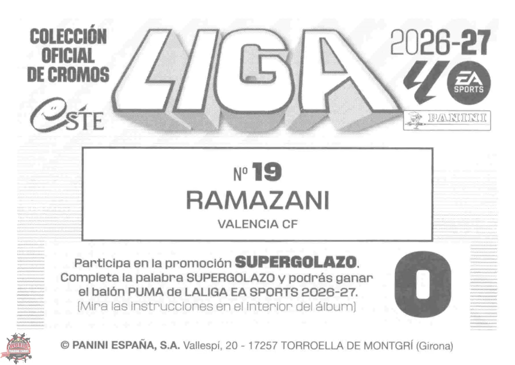 Panini | Liga Este | 2026-2027 | Valencia CF | Basico | #19 | Ramazani