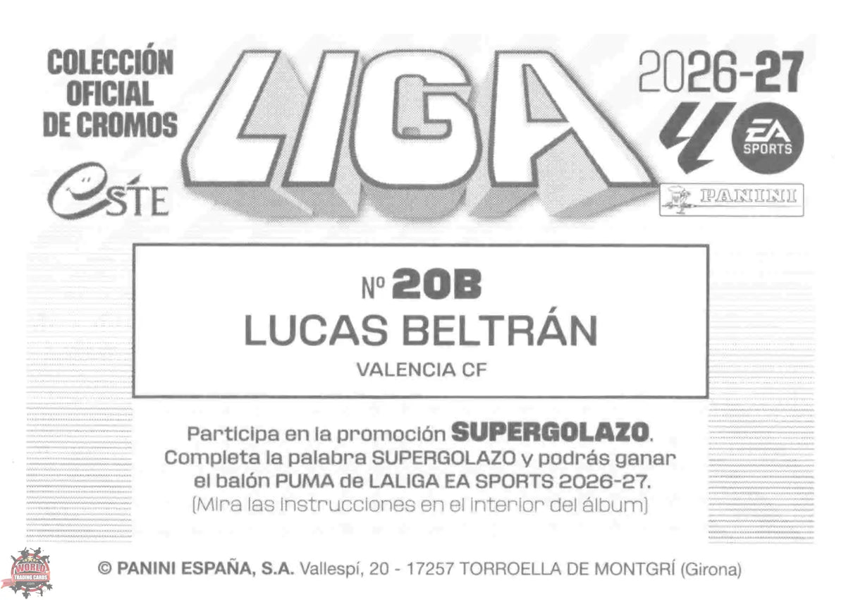 Panini | Liga Este | 2026-2027 | Valencia CF | Basico | #20B | Lucas Beltrán