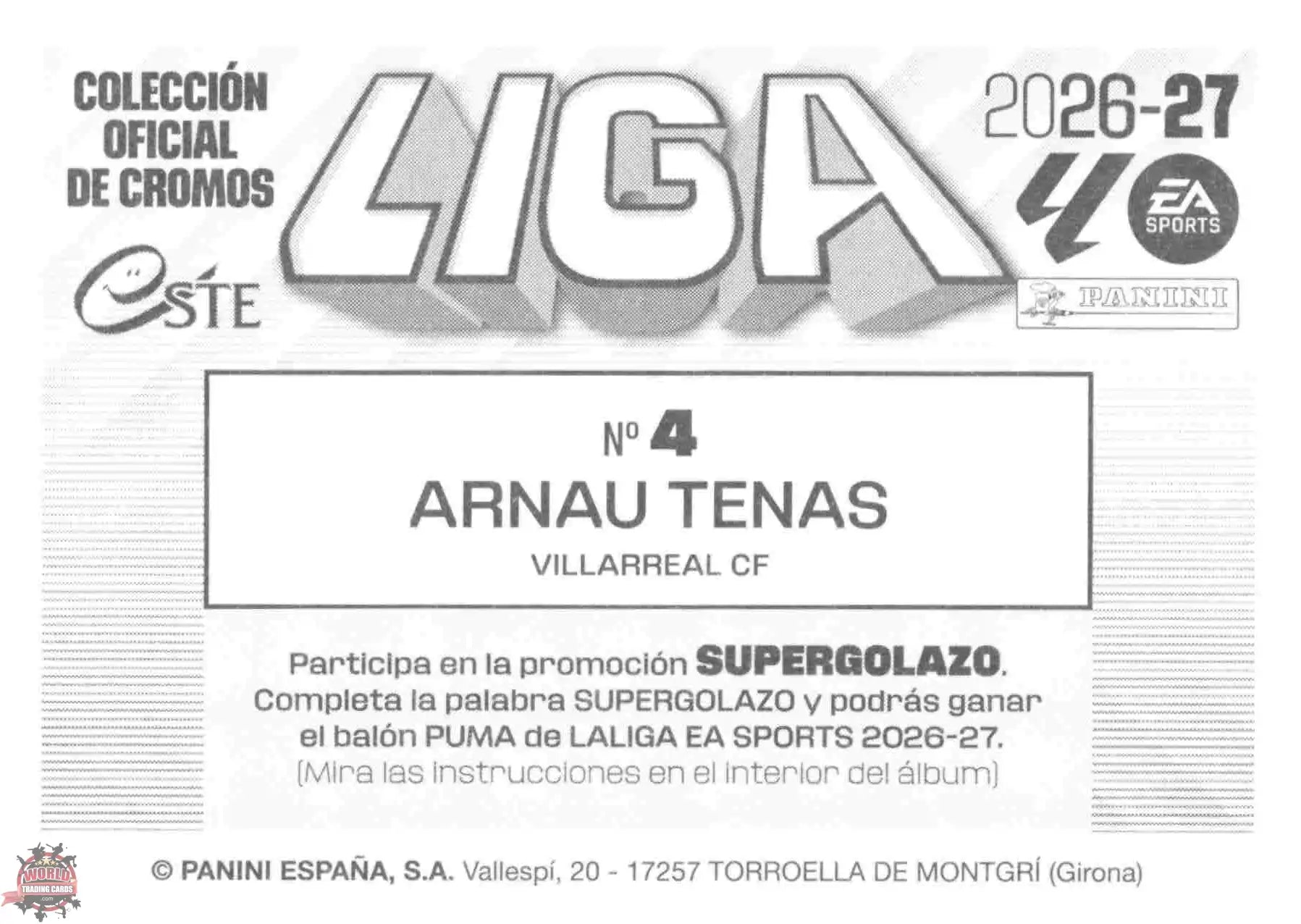Panini | Liga Este | 2026-2027 | Villarreal CF | Basico | #04 | Arnau Tenas