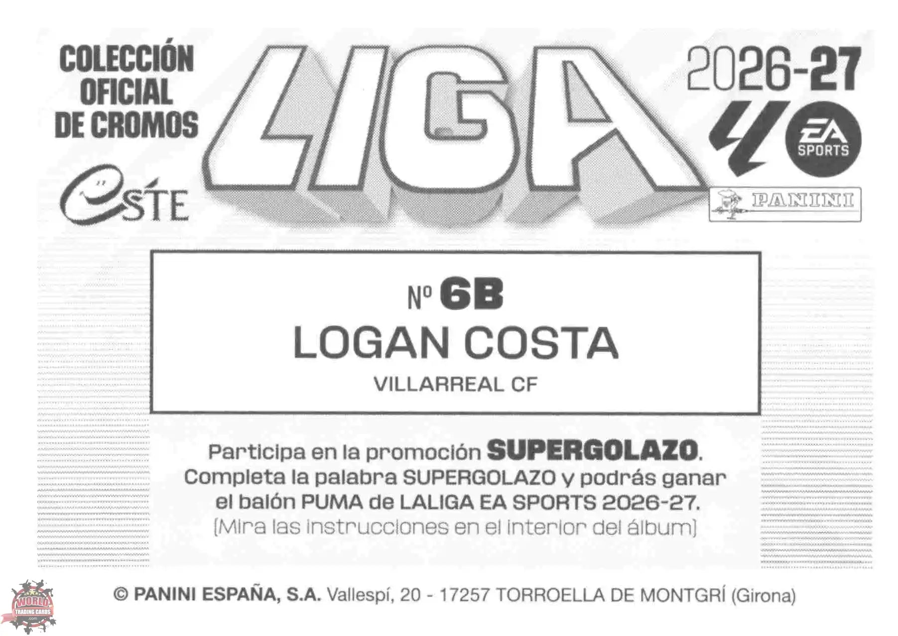 Panini | Liga Este | 2026-2027 | Villarreal CF | Basico | #06B | Logan Costa