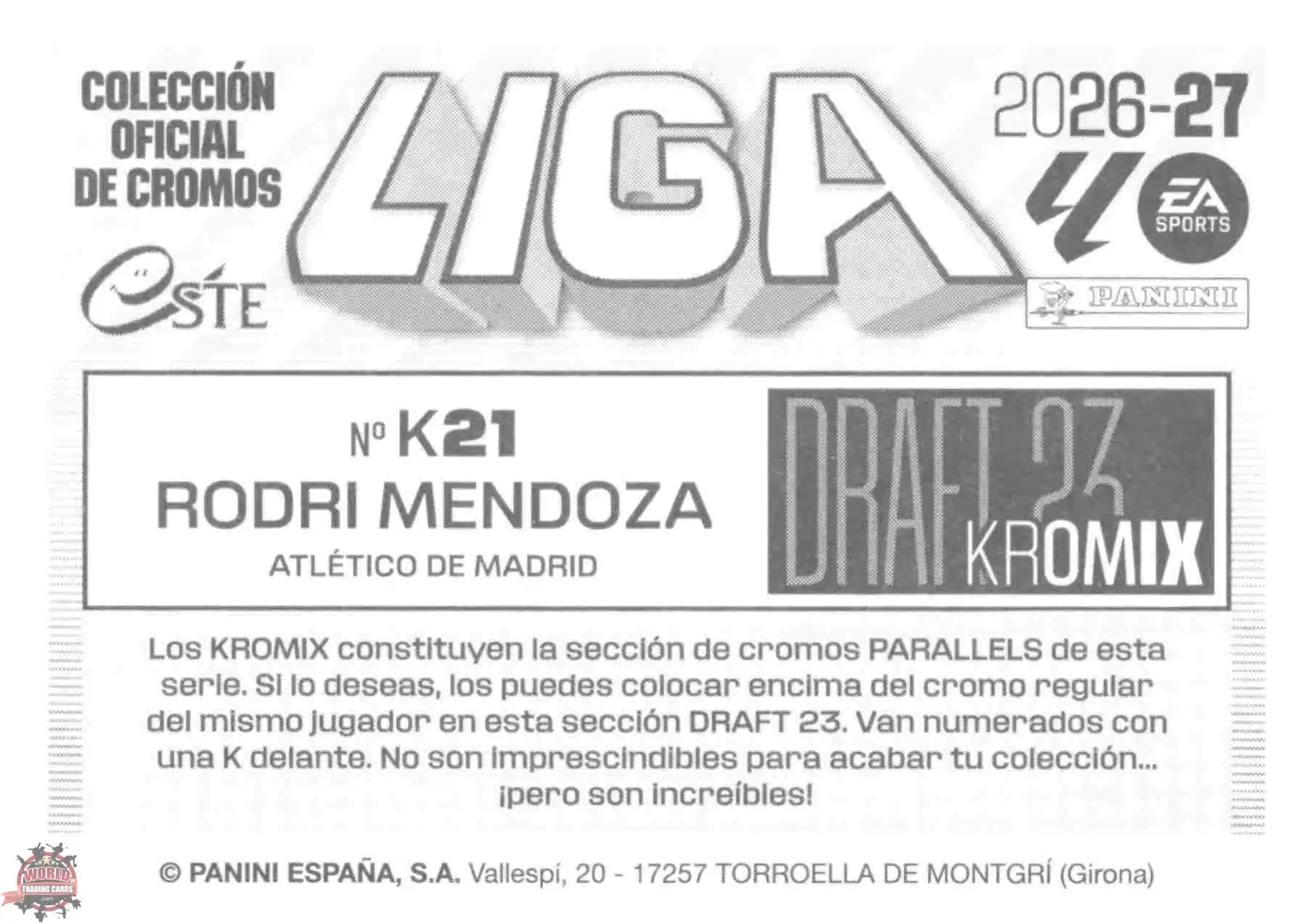 Panini | Liga Este | 2026-2027 | Atlético de Madrid | Draft 23 Kromix | #K21 | Rodri Mendoza - Rookie