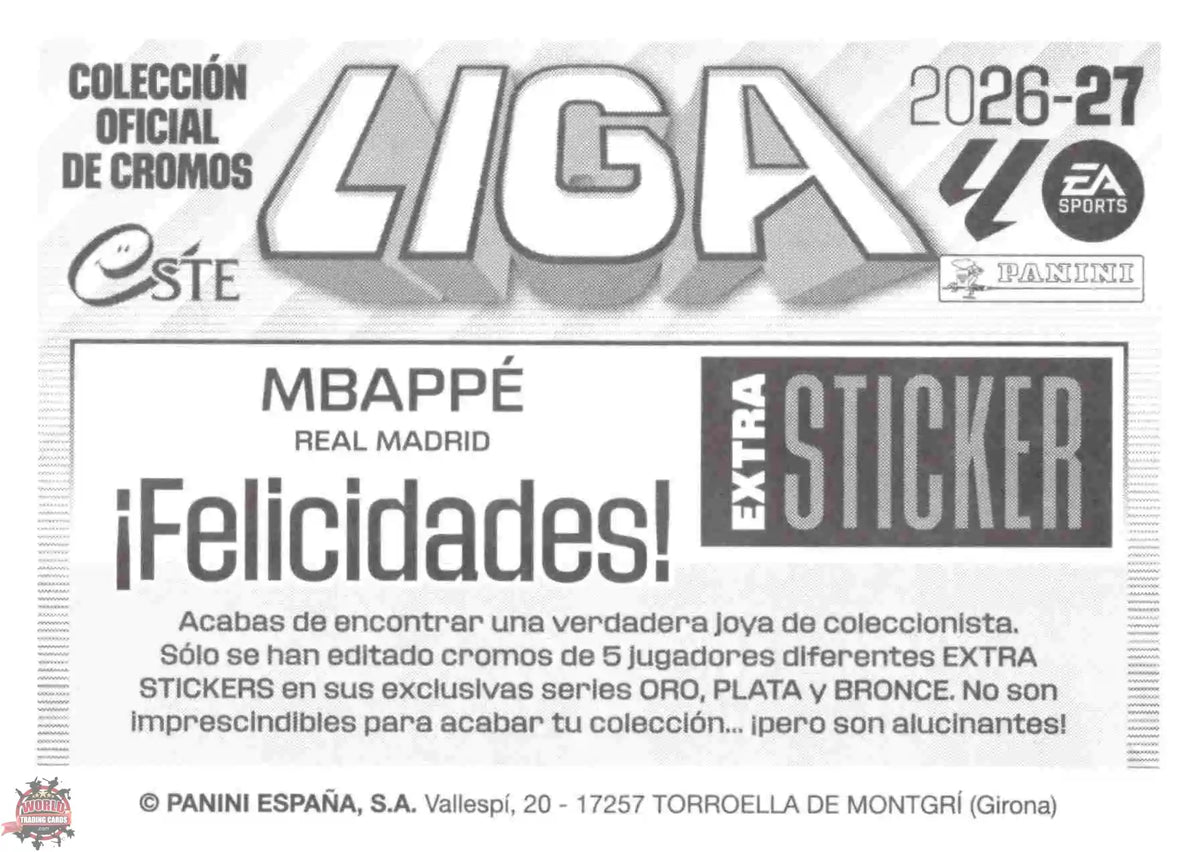 Panini | Liga Este | 2026-2027 | Real Madrid CF | Extra Sticker - Oro | #ESO02 | Mbappé