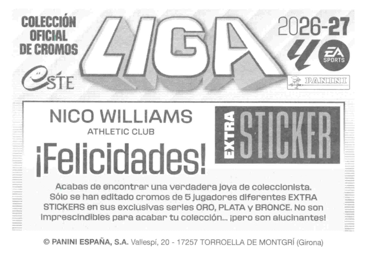 Panini | Liga Este | 2026-2027 | Athletic Club de Bilbao | Extra Sticker - Plata | #ESP03 | Nico Williams